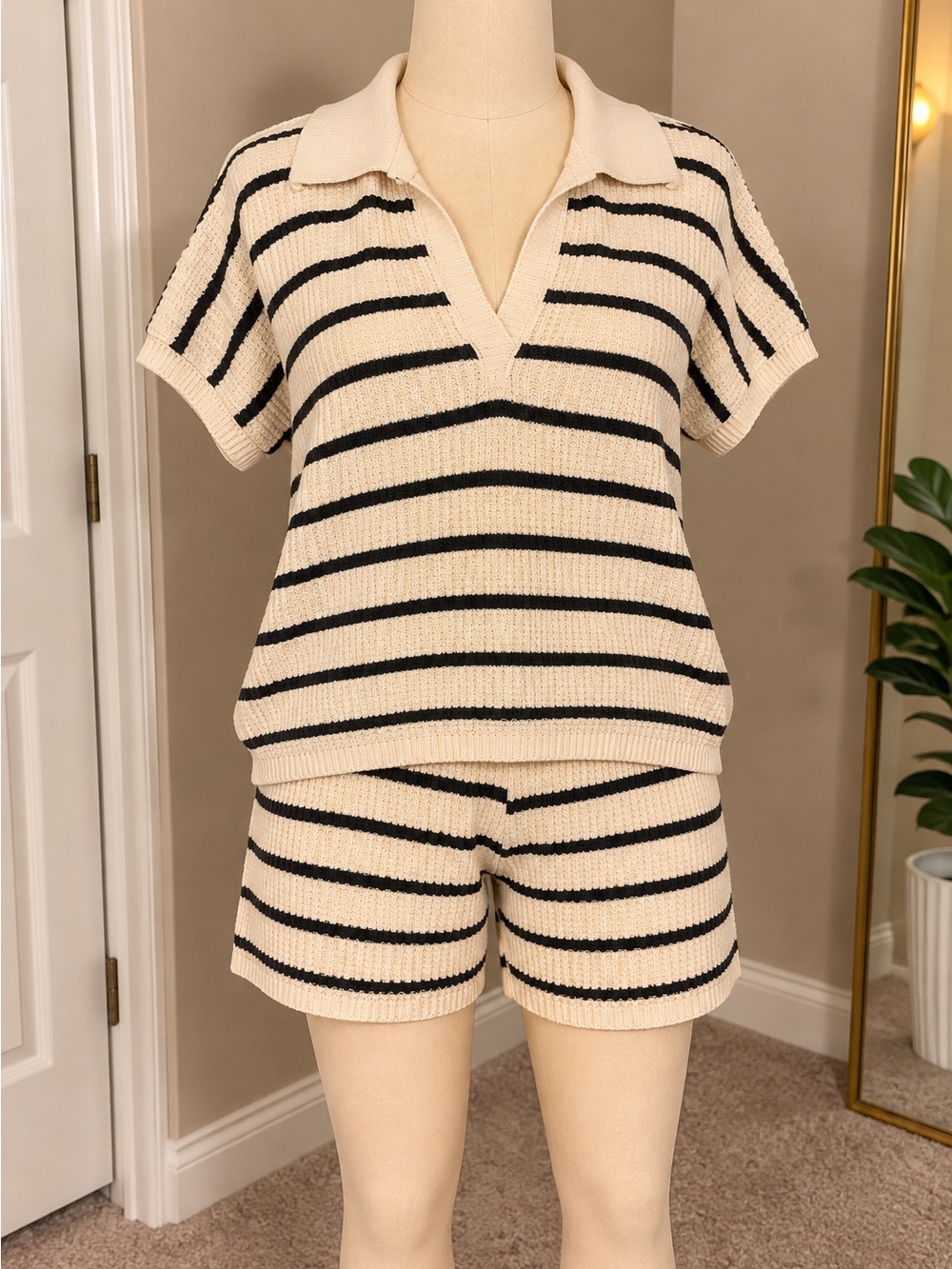 Cream & Black Striped Knit Lounge Set — Short Sleeve Collared Top & Shorts
